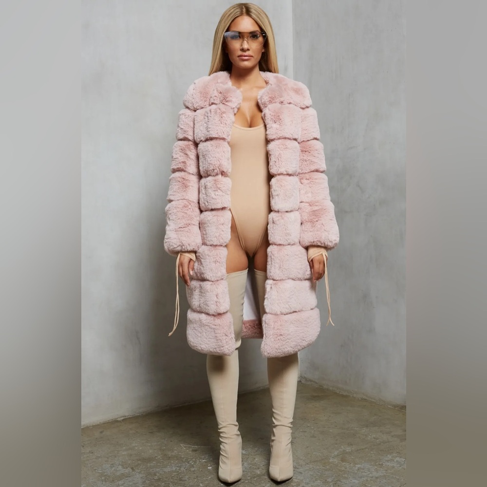 Executive Longline Panel Faux Fur Coat in Blush